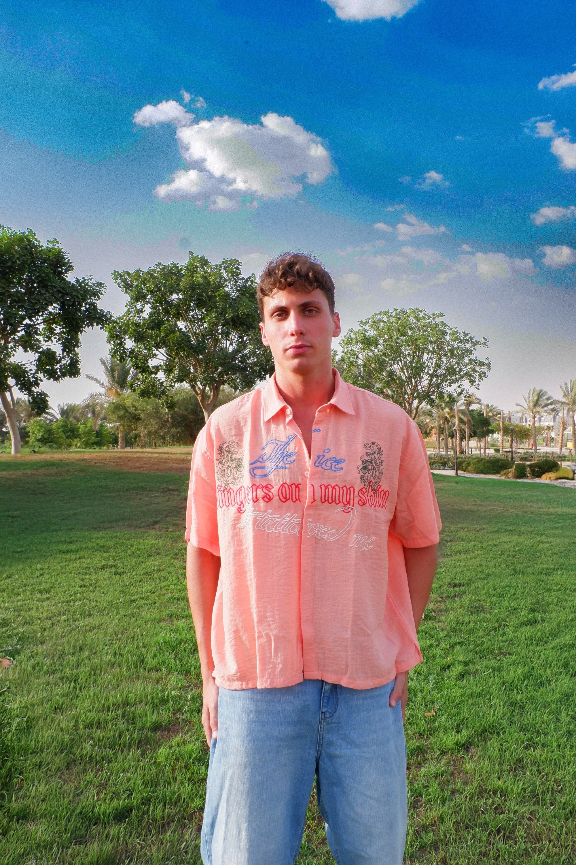 Signature ‘Tattoed’ Peach Linen Shirt