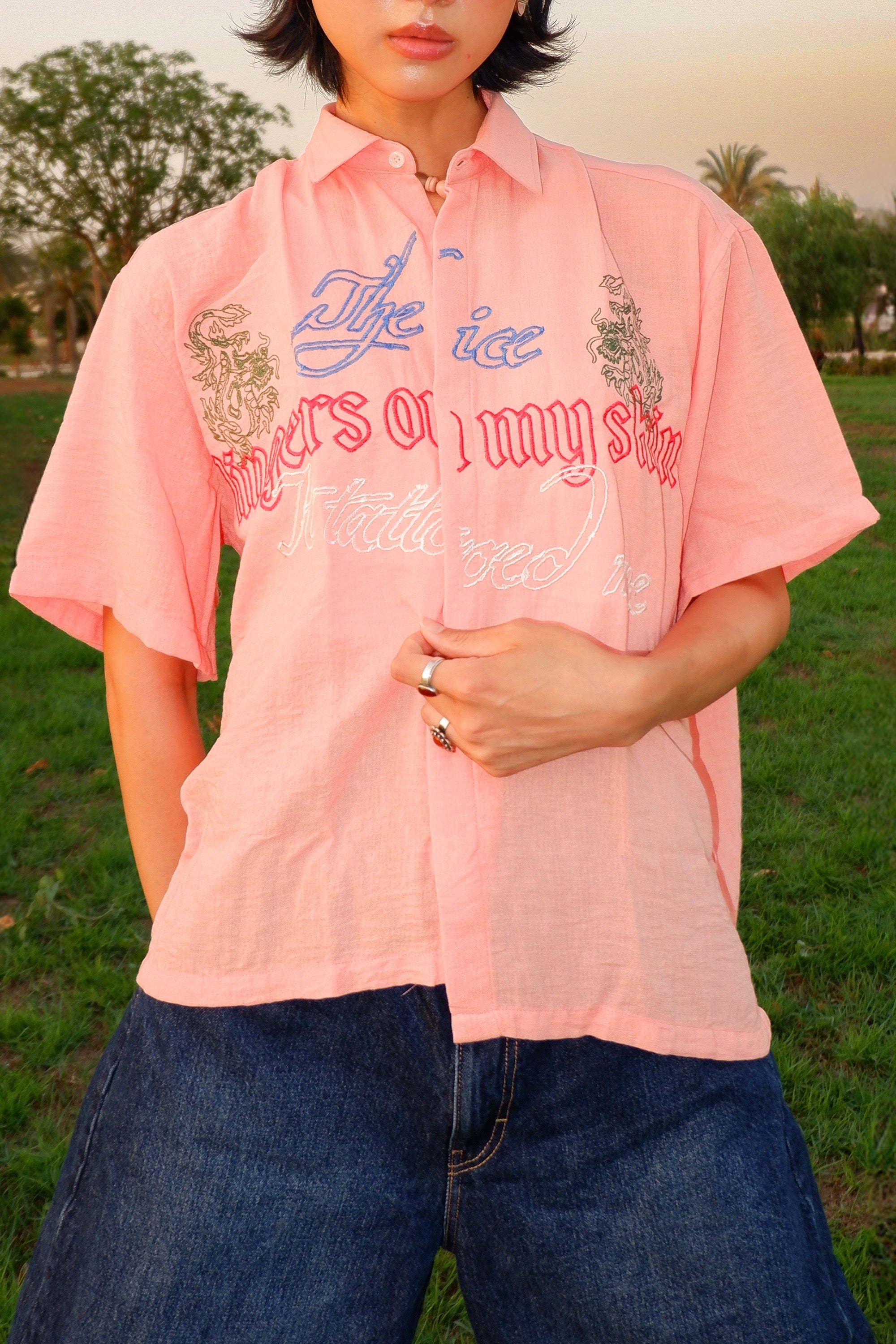 Signature ‘Tattoed’ Peach Linen Shirt